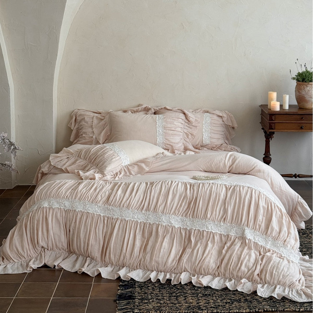 Washed Linen-Blend Gathered Duvet Cover Set with Floral Lace Band