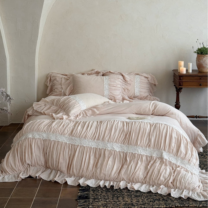 Washed Linen-Blend Gathered Duvet Cover Set with Floral Lace Band