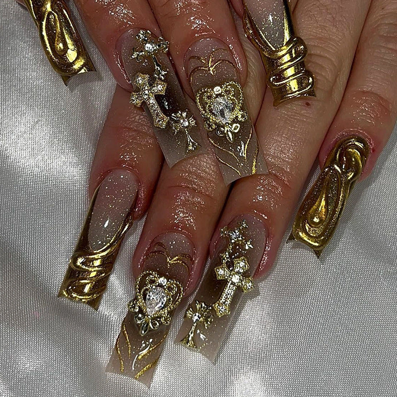 Decorative Press-On Nail Set with Gold Accents Stornfield