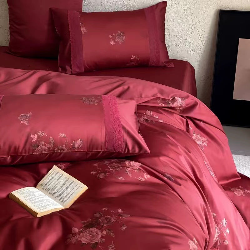 Premium Satin Bedding Set with subtle rose jacquard and hotel closing