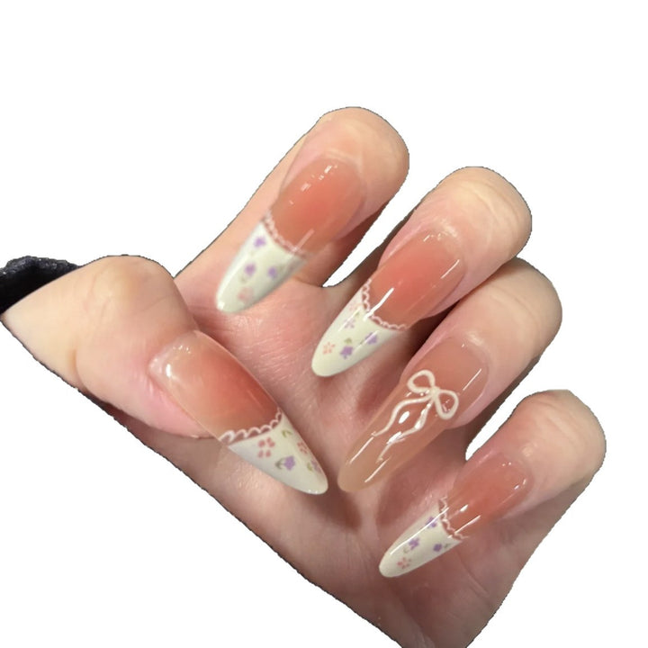 Elegant Press-On Nail Set with Floral and Bow Design Stornfield