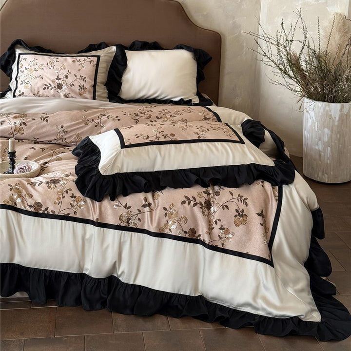 Victorian-Style Ruffled Floral Duvet Cover Set with Pleated Satin Border and Decorative Shams