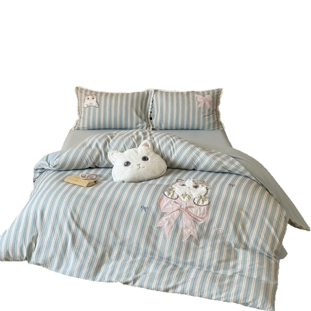 Striped Cotton Duvet Cover Set with 3D Plush Cat Appliqué & Bow Embroidery