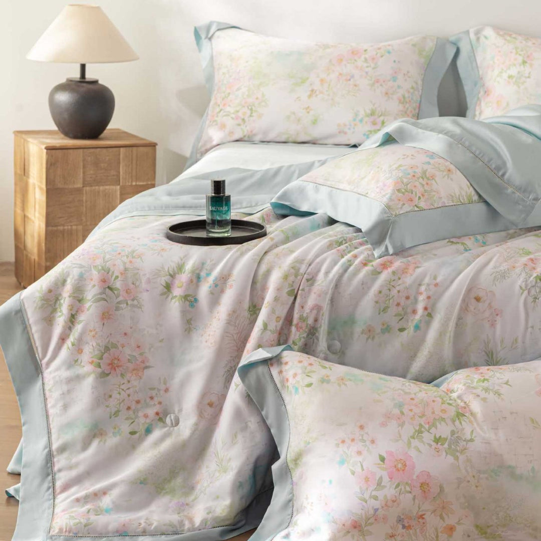 Luxurious cotton satin bedding set with delicate leaf design and hem detail