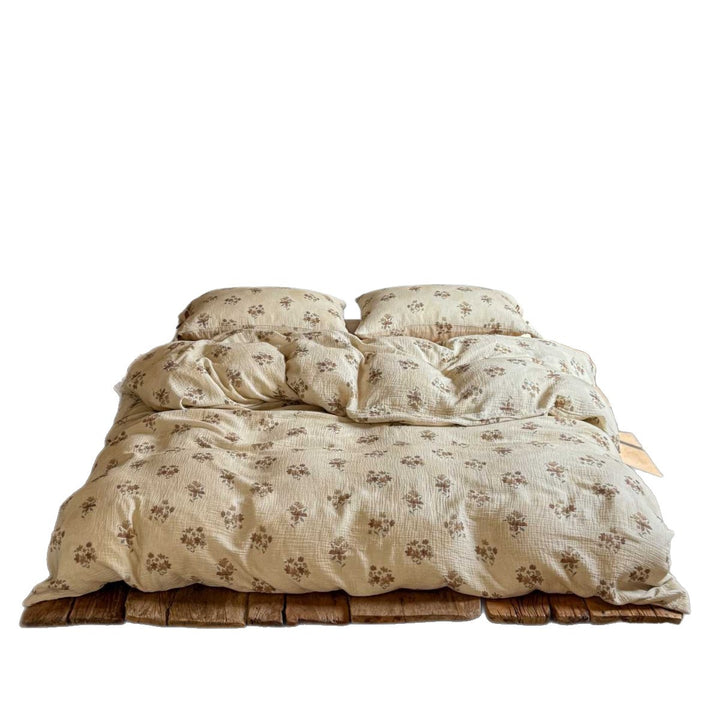 Natural cotton-linen duvet cover set with a crinkled linen look and floral tone-on-tone pattern