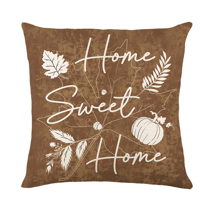 Rustic Farmhouse Square Cotton-Linen Decorative Pillow Cover with 'Home Sweet Home' Fall Pumpkin & Leaf Print