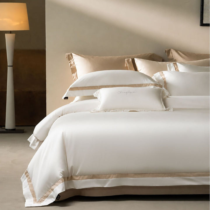 Luxury Two-Tone Cotton Sateen Duvet Cover Set with Double-Trim Border and Euro Shams