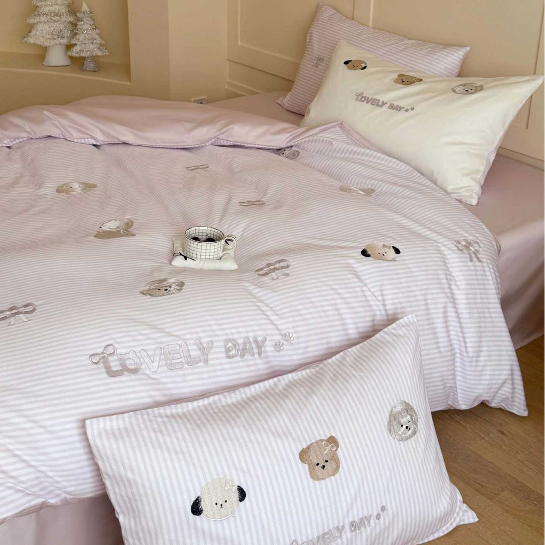 Cute Embroidered Puppy Cotton Duvet Cover Set