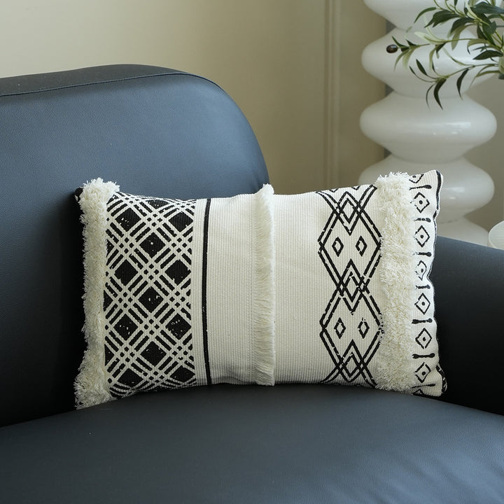 Rectangular Woven Lumbar Decorative Pillow with Tufted Diamonds and Tassels