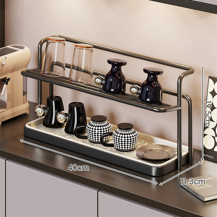 Double-Tier Countertop Coffee Mug and Dish Drying Rack with Removable Drip Tray