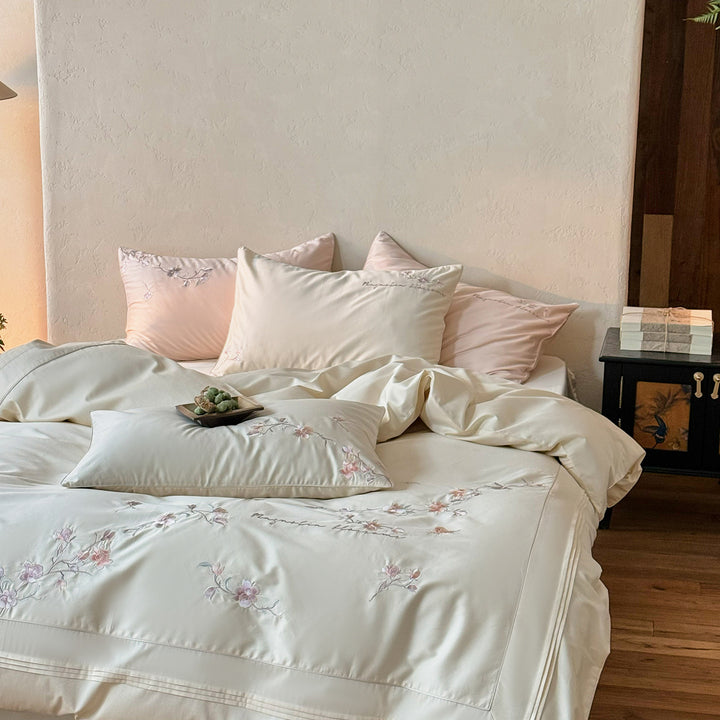 Embroidered Botanical Cotton Sateen Duvet Cover Set