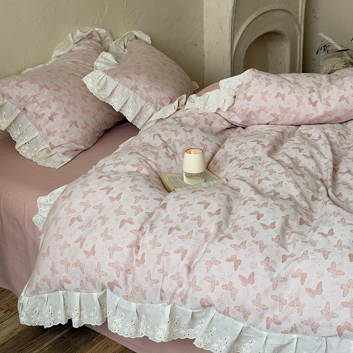 Romantic Cotton Sateen Butterfly-Print Duvet Cover Set with Eyelet Ruffle