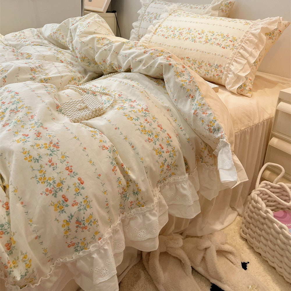 Ruffled Floral Lace-Trim Duvet Cover Set with Pillow Shams