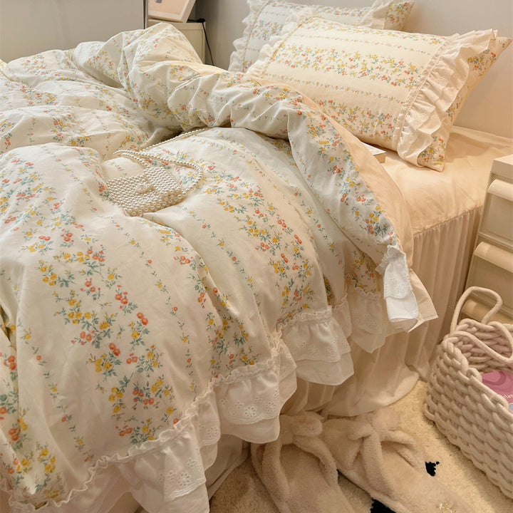 Ruffled Floral Lace-Trim Duvet Cover Set with Pillow Shams