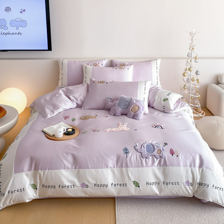 Playful Elephant Embroidered Satin-Feel Duvet Cover Set