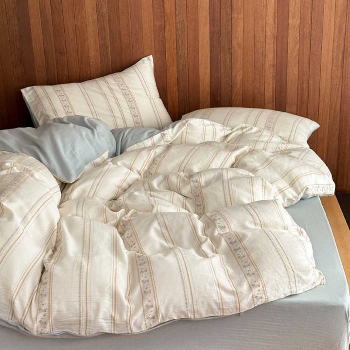 Brushed Cotton Stripe-Embroidered Duvet Cover Set
