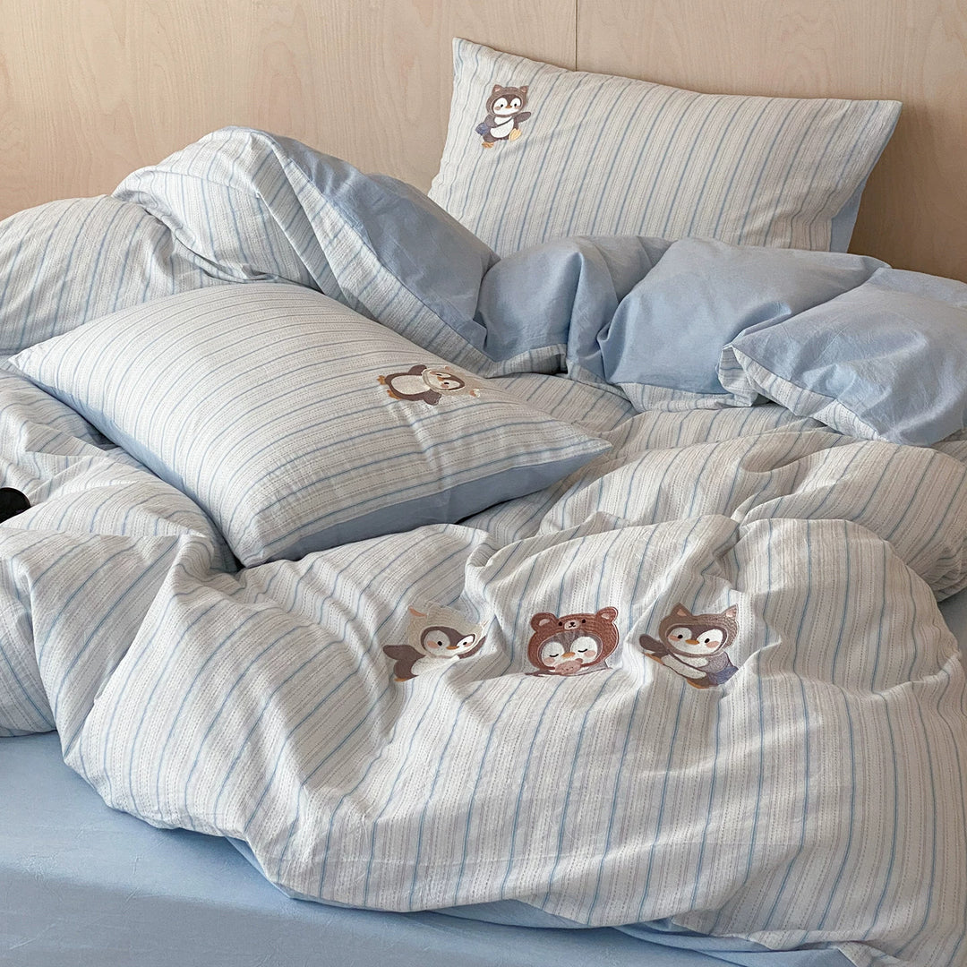 Striped Cotton Duvet Cover Set with Appliqué Cartoon Animal Embroidery