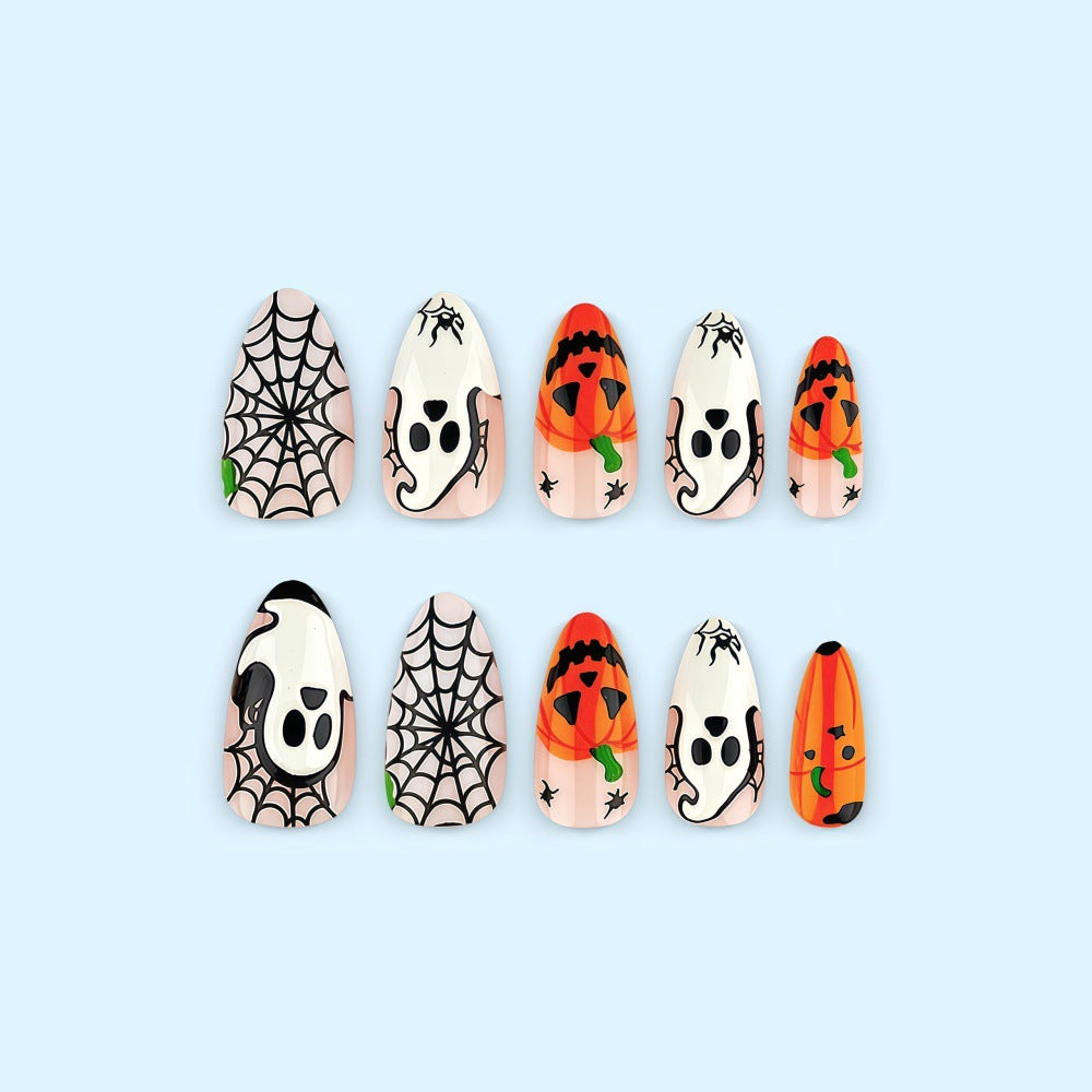 Halloween-themed artificial nails with spooky ghost and pumpkin design Stornfield