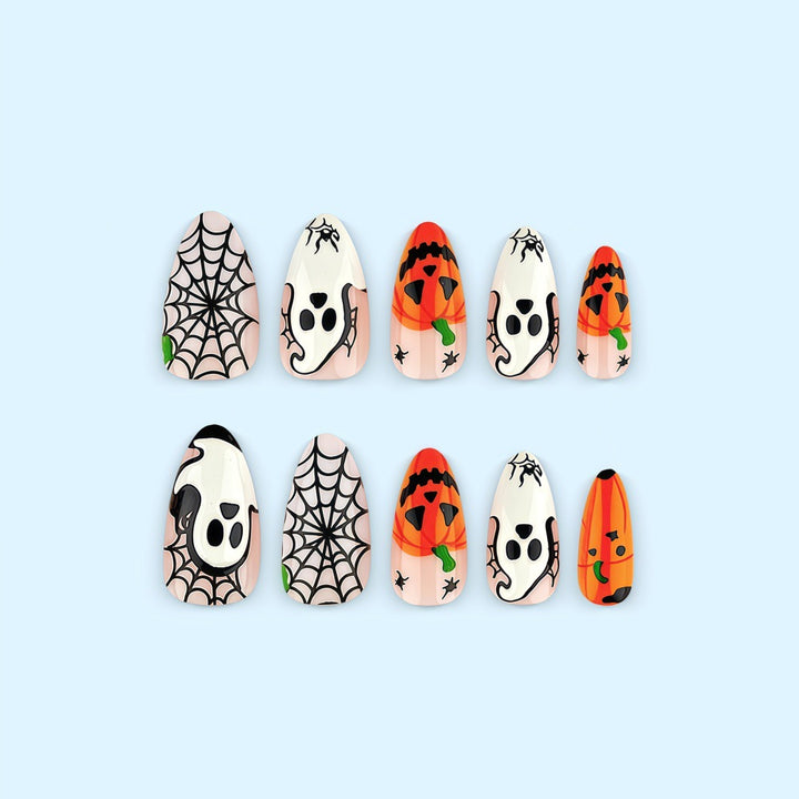 Halloween-themed artificial nails with spooky ghost and pumpkin design Stornfield