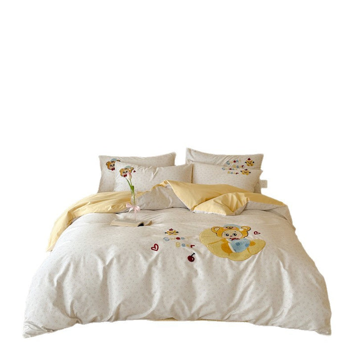 Cartoon Teddy Appliqué Cotton Sateen Duvet Cover & Sham Set