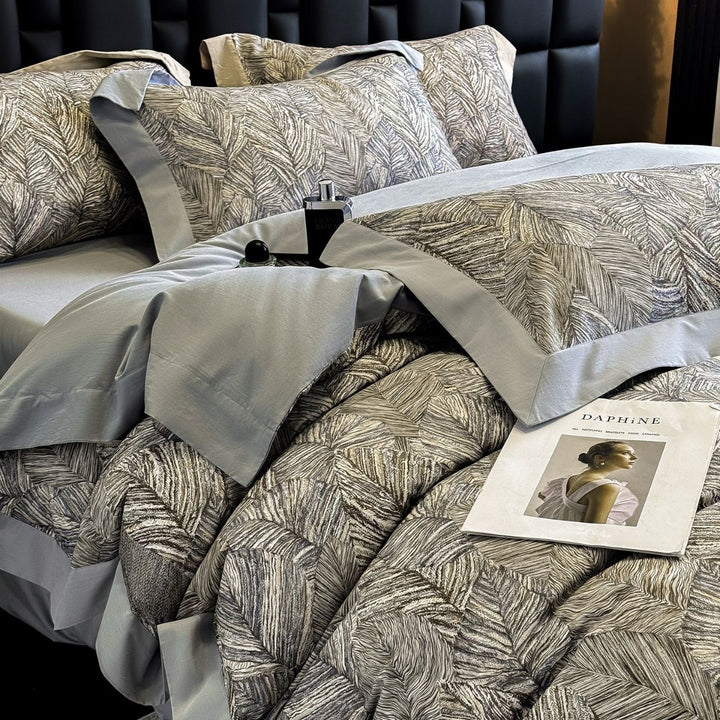 Luxury Cotton-Sateen Botanical Duvet Cover Set with Contrast Piped Hem & Euro Shams