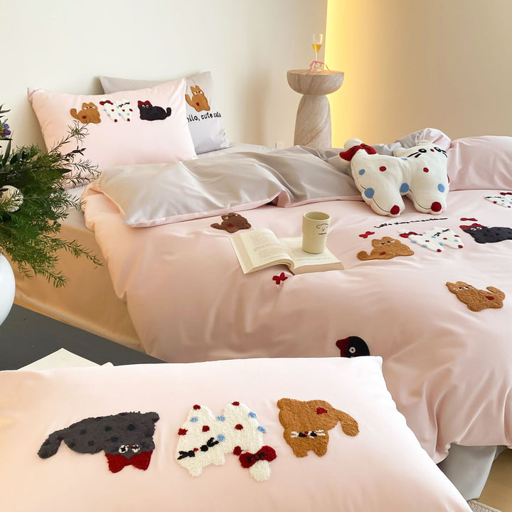 Embroidered Cotton Satin Duvet Cover Set with Cat Appliqué Pillowcases