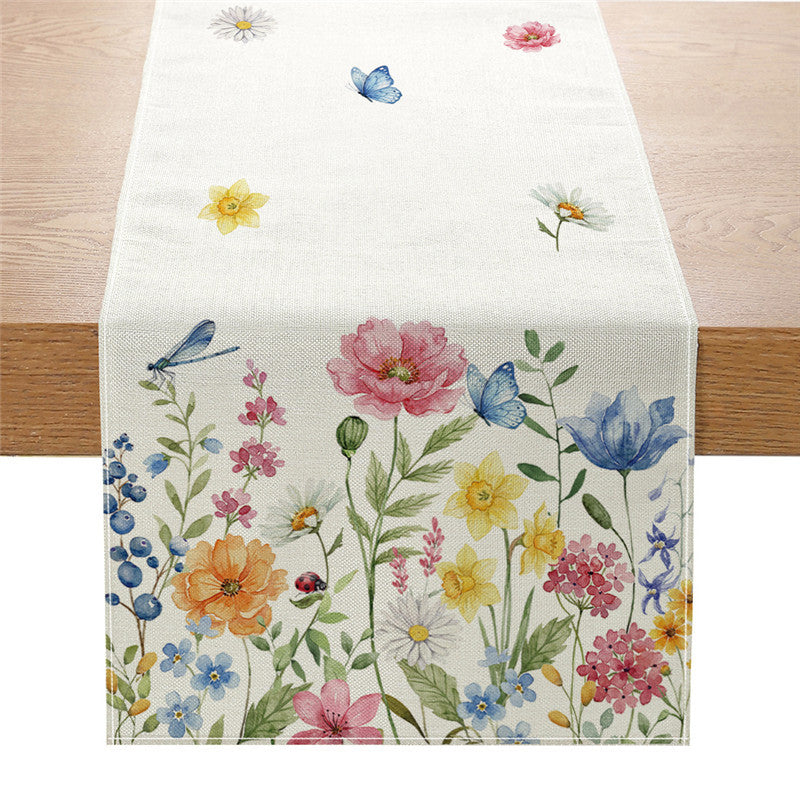 Watercolor Wildflower Cotton-Linen Table Runner with Meadow Botanical Print