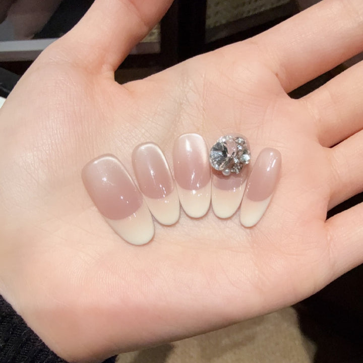 Elegant French Tip Press-On Nails with Rhinestone Accents Stornfield