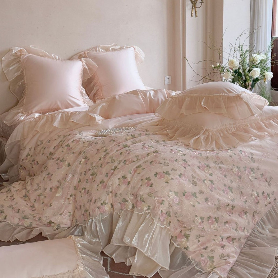 Floral Embroidered Ruffled Satin-Trim Duvet Cover Set