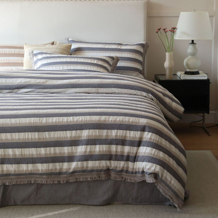 Striped Cotton-Linen Lightweight Quilted Duvet Cover Set with Fringed Edge