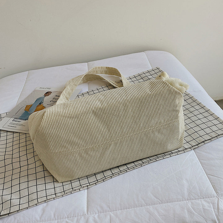 Functional Corduroy Tote Bag with Plush Charm