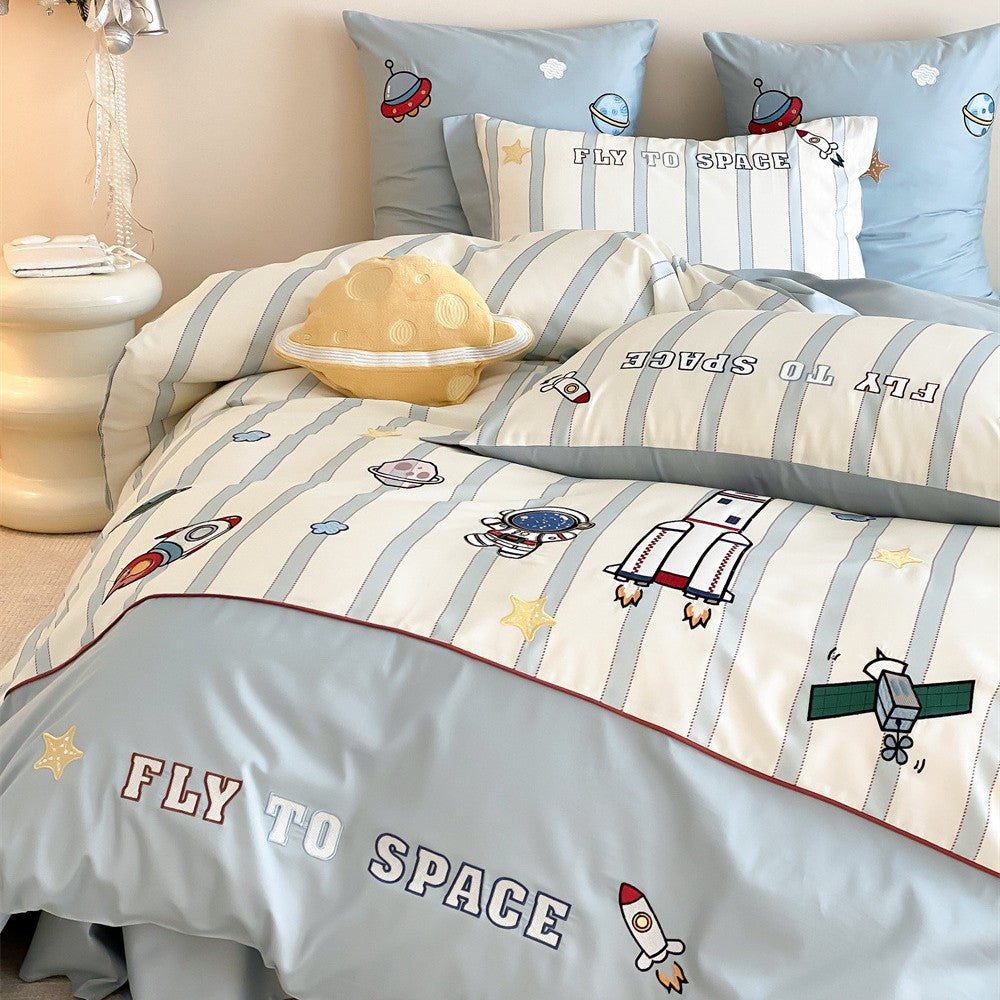 Children's Nautical Embroidered Cotton-Sateen Duvet Cover Bedding Set with Lighthouse & Ship Motifs