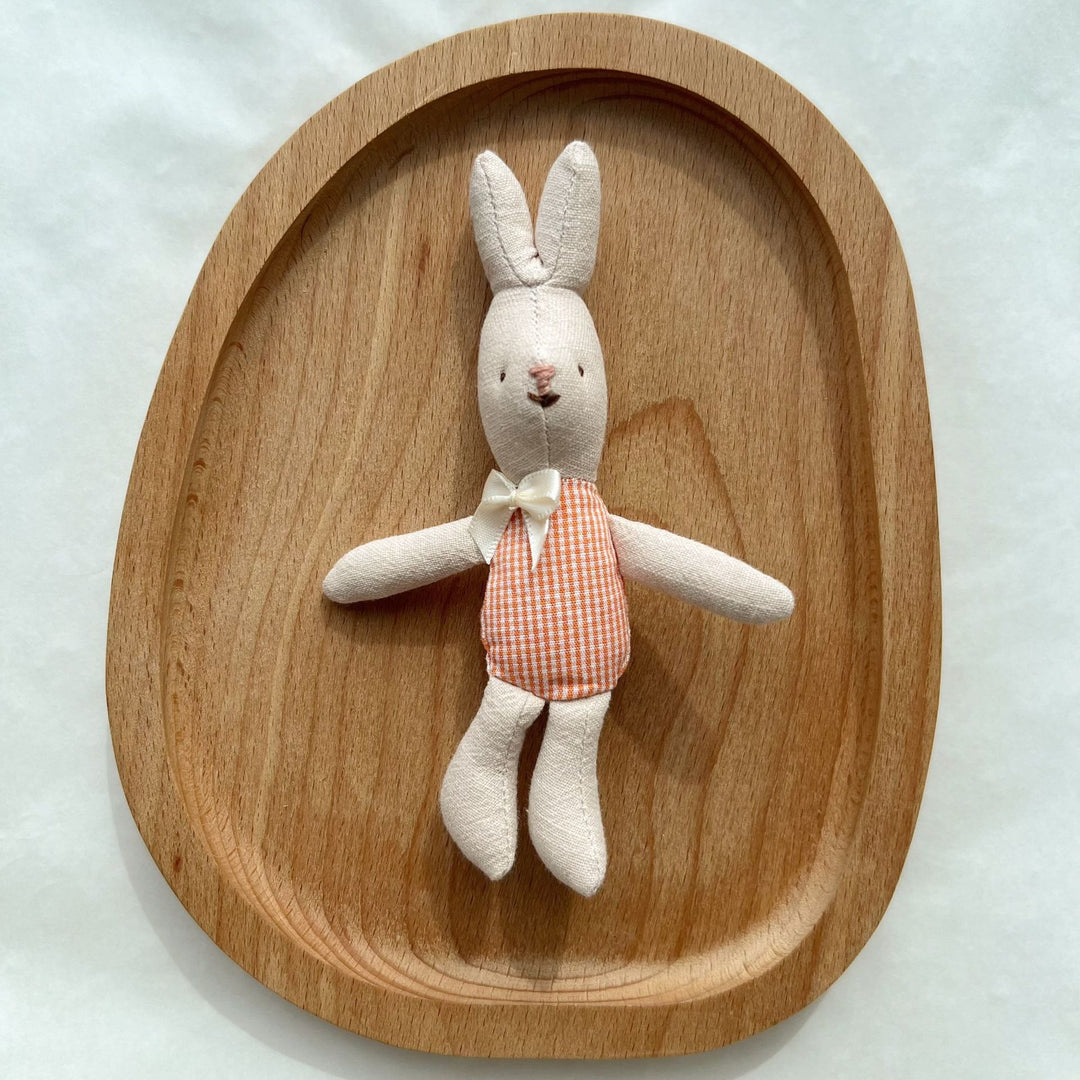 Miniature Linen Rabbit Comforter Plush with Gingham Pocket Dress and Ribbon Bow