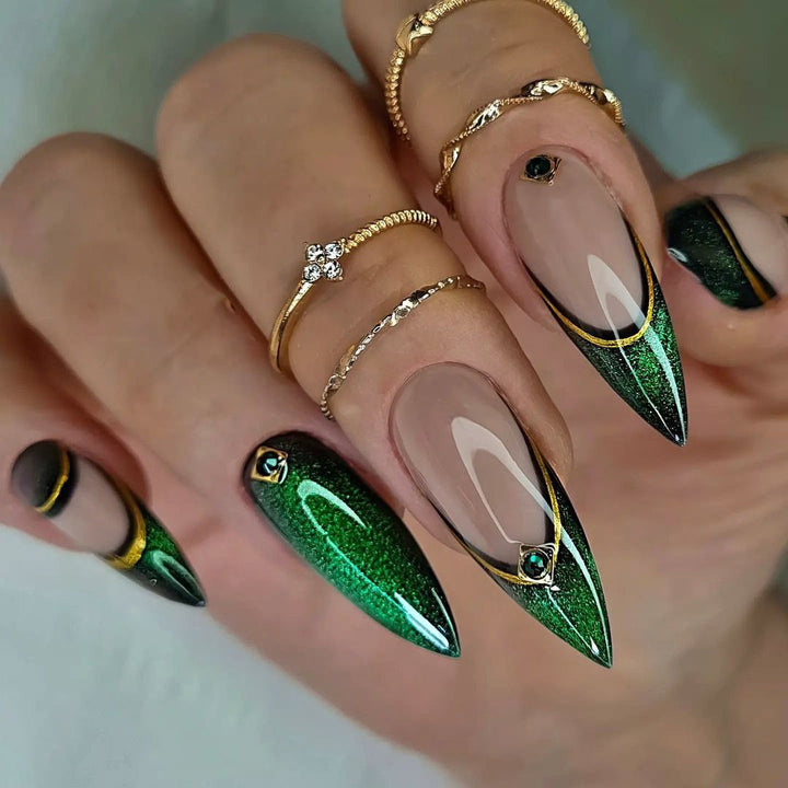 Elegant artificial nails with glitter and metal embellishments Stornfield