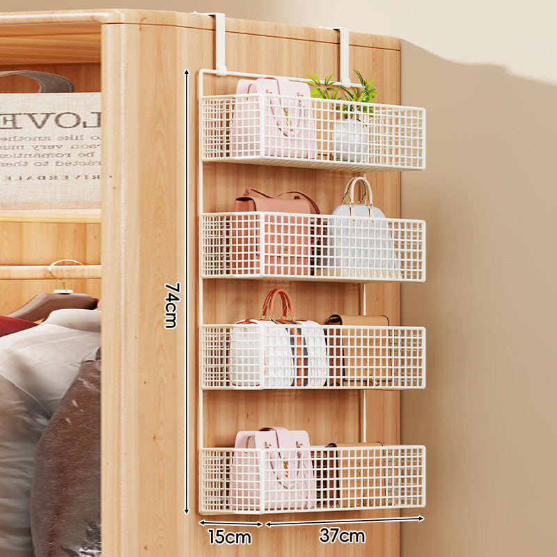 Over-Door Four-Tier Metal Mesh Hanging Storage Organizer with Integrated Hooks