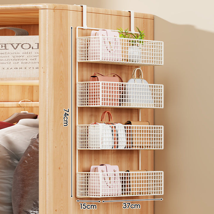 Over-Door Four-Tier Metal Mesh Hanging Storage Organizer with Integrated Hooks