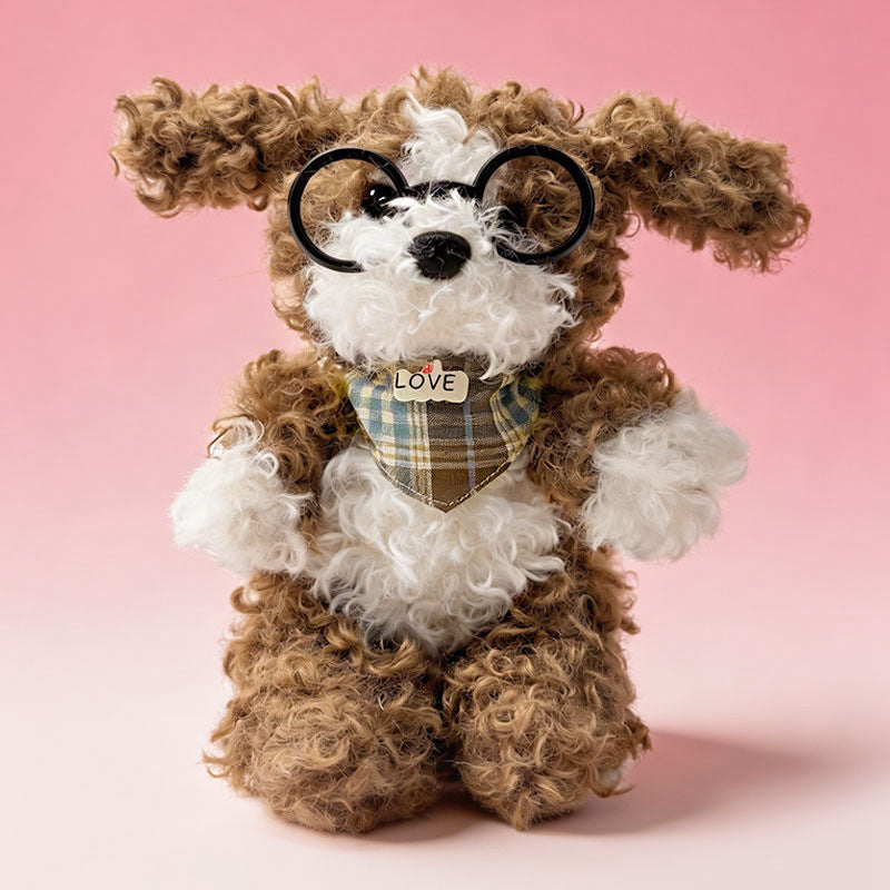 Curly-Fur Sitting Puppy Plush with Round Glasses & Plaid 'LOVE' Bandana Stornfield