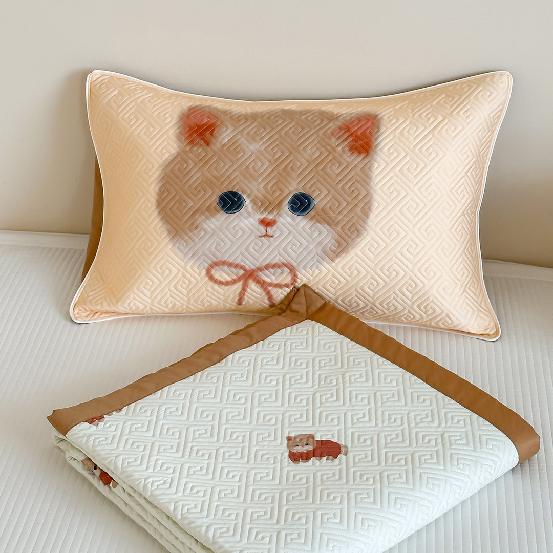 Quilted Cotton Bedspread and Pillowcase Set with Cute Cat Motif