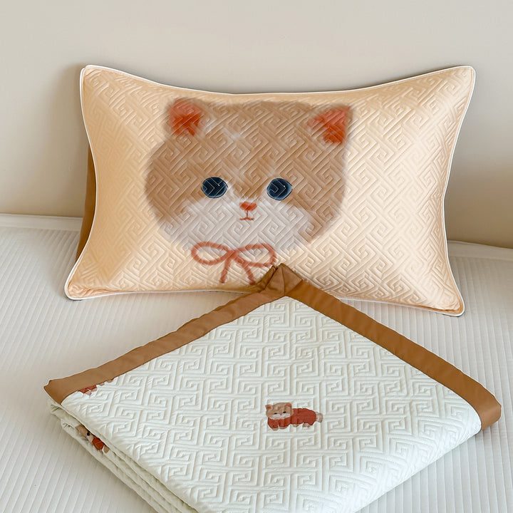 Quilted Cotton Bedspread and Pillowcase Set with Cute Cat Motif