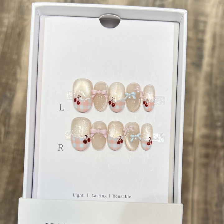 Decorative Press-On Nail Art Set with Charming Bow and Cherry Accents Stornfield