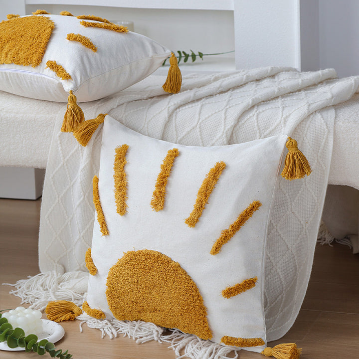 Decorative square cushion cover with hand-tufted sun relief, tassels, and cotton-linen blend Stornfield