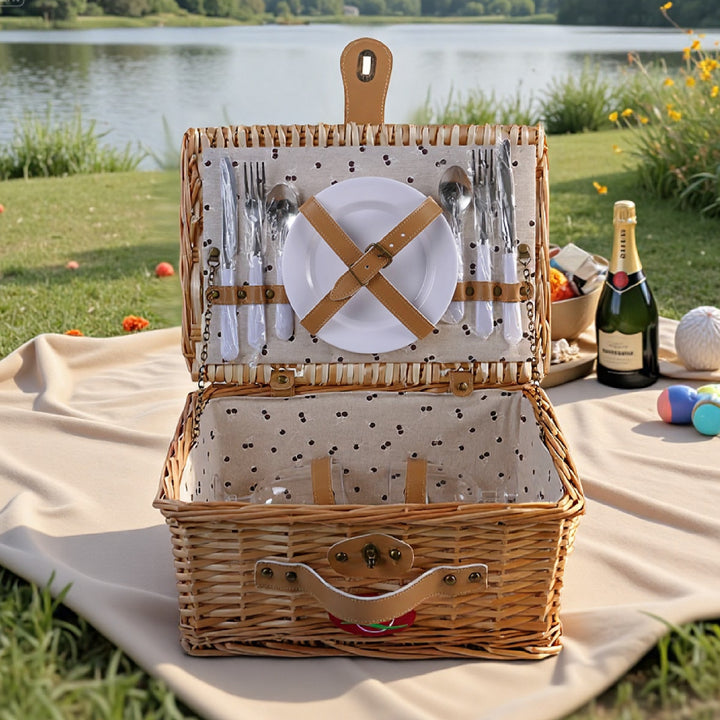 Ladies picnic basket with integrated dish set and decorative details Stornfield