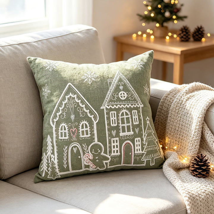 Christmas Gingerbread House Embroidered Velvet Lumbar Pillow Cover