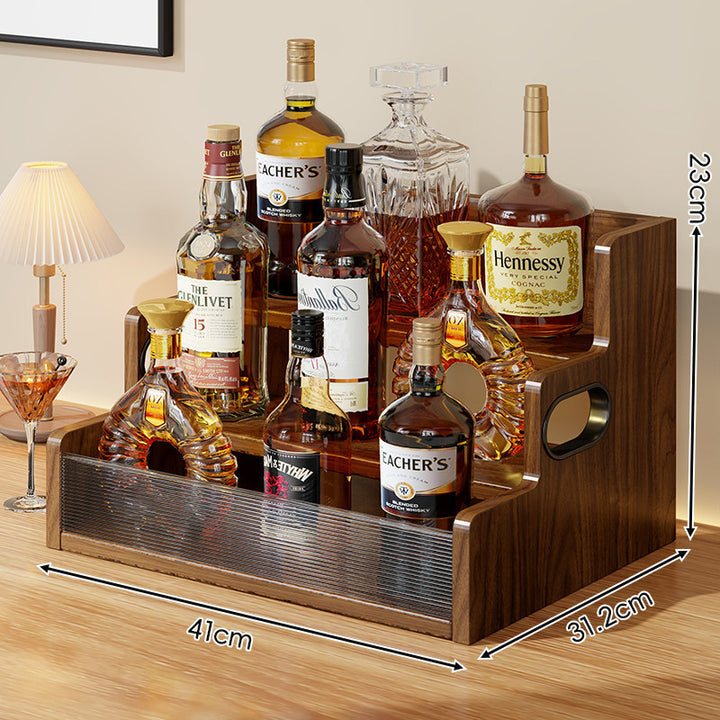 Multi-Tier Wooden Home Bar Liquor Bottle Display Organizer with Removable Front Panel and Side Handles