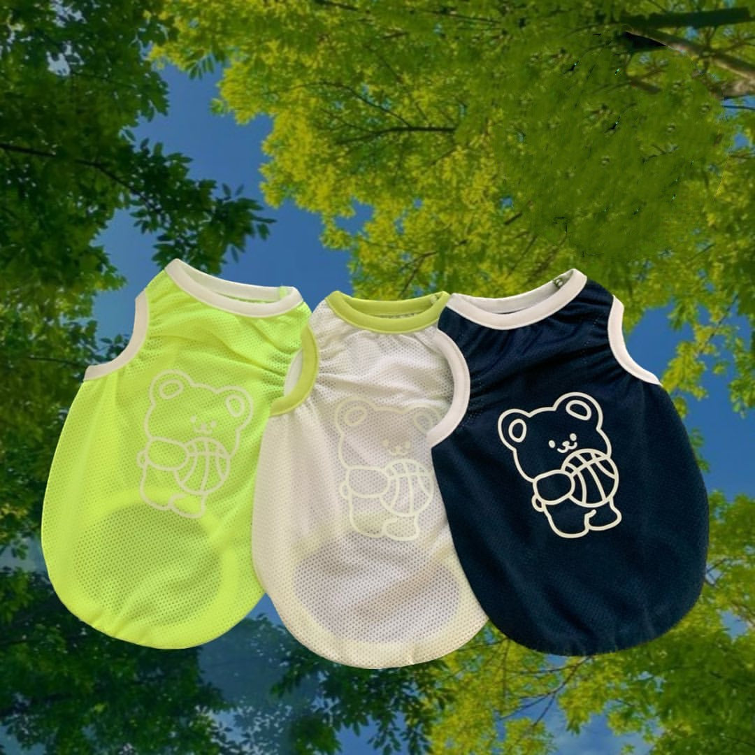 Lightweight Breathable Mesh Pet Tank Top with Reflective Bear Print and Contrast Trim