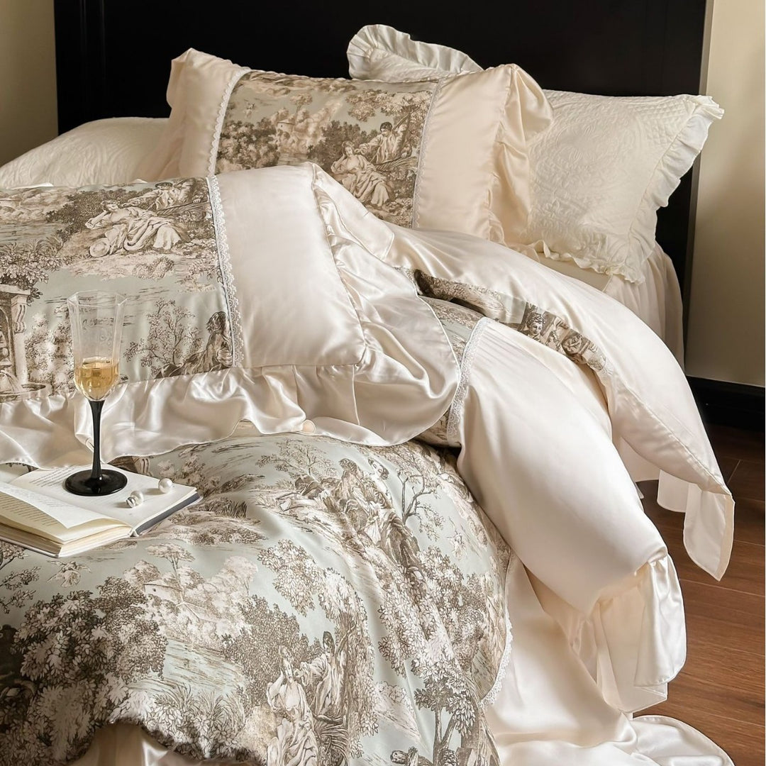 Luxurious satin bedding set with toile motif, ruffle and lace trim