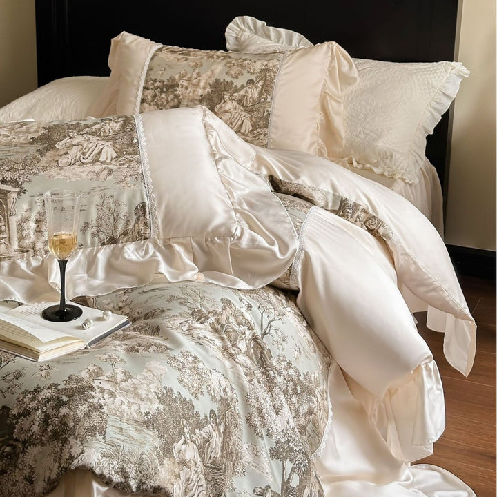 Luxurious satin bedding set with toile motif, ruffle and lace trim