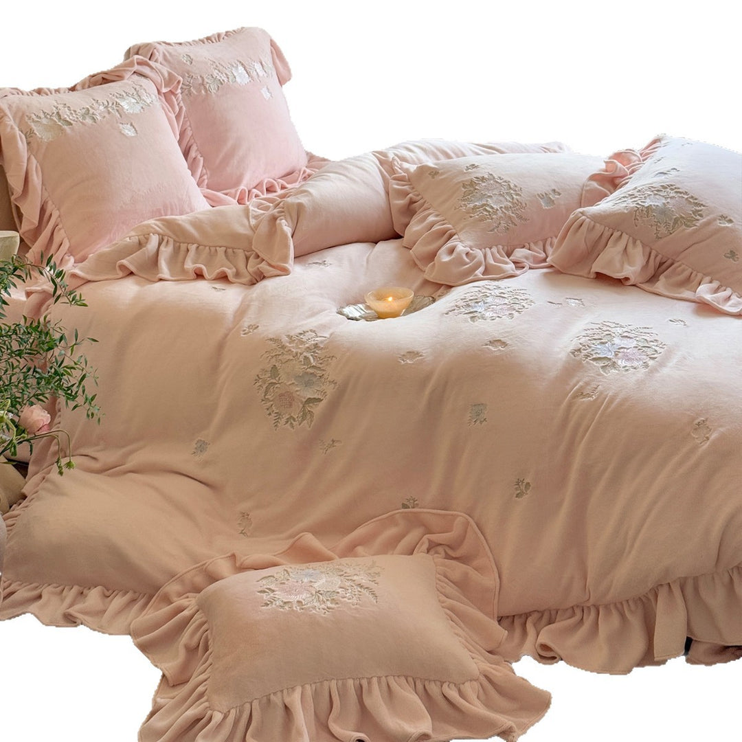 Embroidered Ruffled Floral Duvet Cover Set