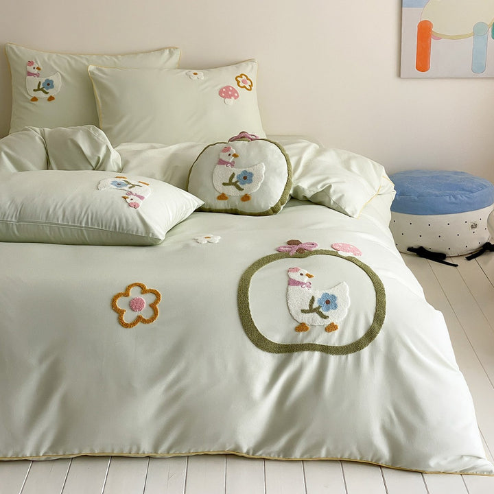Children's Playful Appliqué Cotton Duvet Cover Set with Pillow Shams & Plush Accent