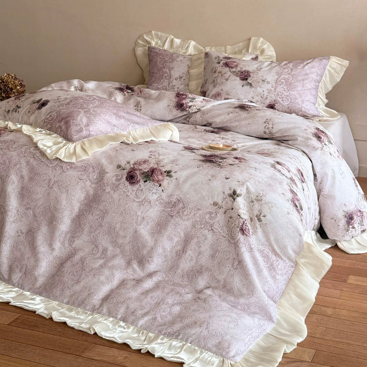 Vintage Rose Print Ruffled Bed Linen Duvet Cover and Sham Set